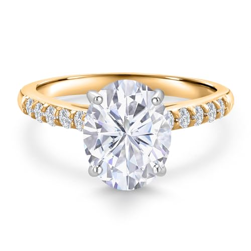 Gem Stone King 10K Two Tone Gold Gemstone Birthstone and White Lab Grown Diamond Accent Engagement Ring For Women | Oval 9X7MM and Round 1.7MM | Wedding Anniversary Promise Ring | Sizes 5, 6, 7, 8, 93