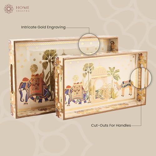 Image of Wooden Serving Tray with Gold Engraving | Set of 2 | Size : 16 x 10 inch & 14 x 8 inch | Enamel Coated Waterproof | Rectangular | Decorative Trays | Royal Camel Large & Medium
