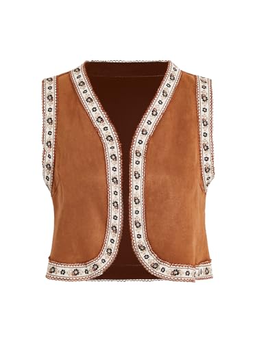 Verdusa Women's Vintage Crop Vest Western Sleeveless Outerwear Vests with Floral Edge