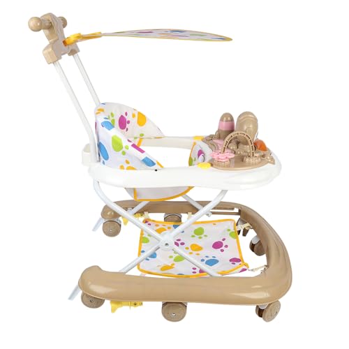 Andador de bebé evolutivo – Andador plegable para bebé, música, regulable en altura, compacto y portátil, barra de empuje alta + parasol, 62 x 68 x 36 – 81 cm, color caqui