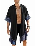 COOFANDY Men's Cardigan Lightweight Cotton Sweater Kimono Style Cloak Open Front Cape, Black, Large