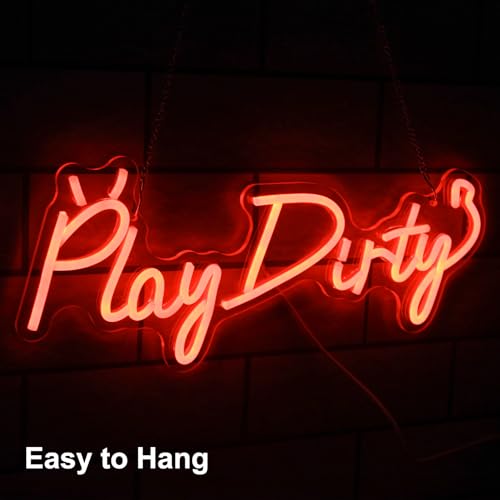 Image of Play Dirty Neon Sign Red Letter LED Neon Lights Signs Devil Neon Signs for Wall Decor Satan Neon Lights for Bedroom Dimmable Red Words Neon Light Up Sign for Bar Man Cave Party Decor