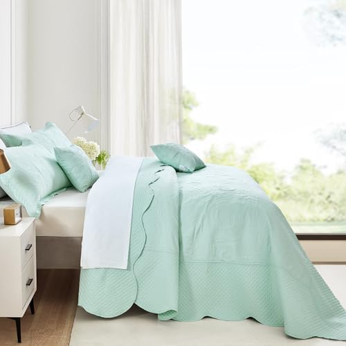 Image of Oversized King Bedspread 128x120 Extra Wide, Embossed Paisley Quilt Set King /Cal King, Lightweight Reversible Coverlet, Scalloped Edge - Fresh Airy Look, 5 Piece, Skylight