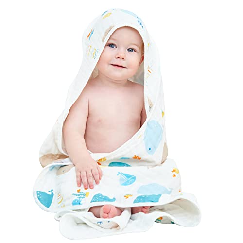Image of Yoofoss Baby Hooded Bath Towel 32x32in Large Bath Towel Muslin 6 Layers Cute Pattern for Boy Girls Soft Absorbent (Whale)