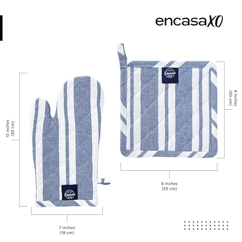 Image of Encasa XO Heat Resistant 100% Cotton Oven Glove & Potholder Set with Loop, Kitchen Cooking Mittens, Microwave Safe Hot Pads (Franca Blue Stripes)