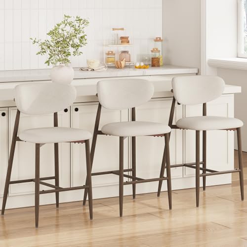 Image of MALOL Bar Stools Set of 3, Counter Height bar stools, Kitchen Bar Stools with Backs, Modern Upholstered, Modern Bar Stools with Metal Legs for Kitchen Island, Counter, Beige