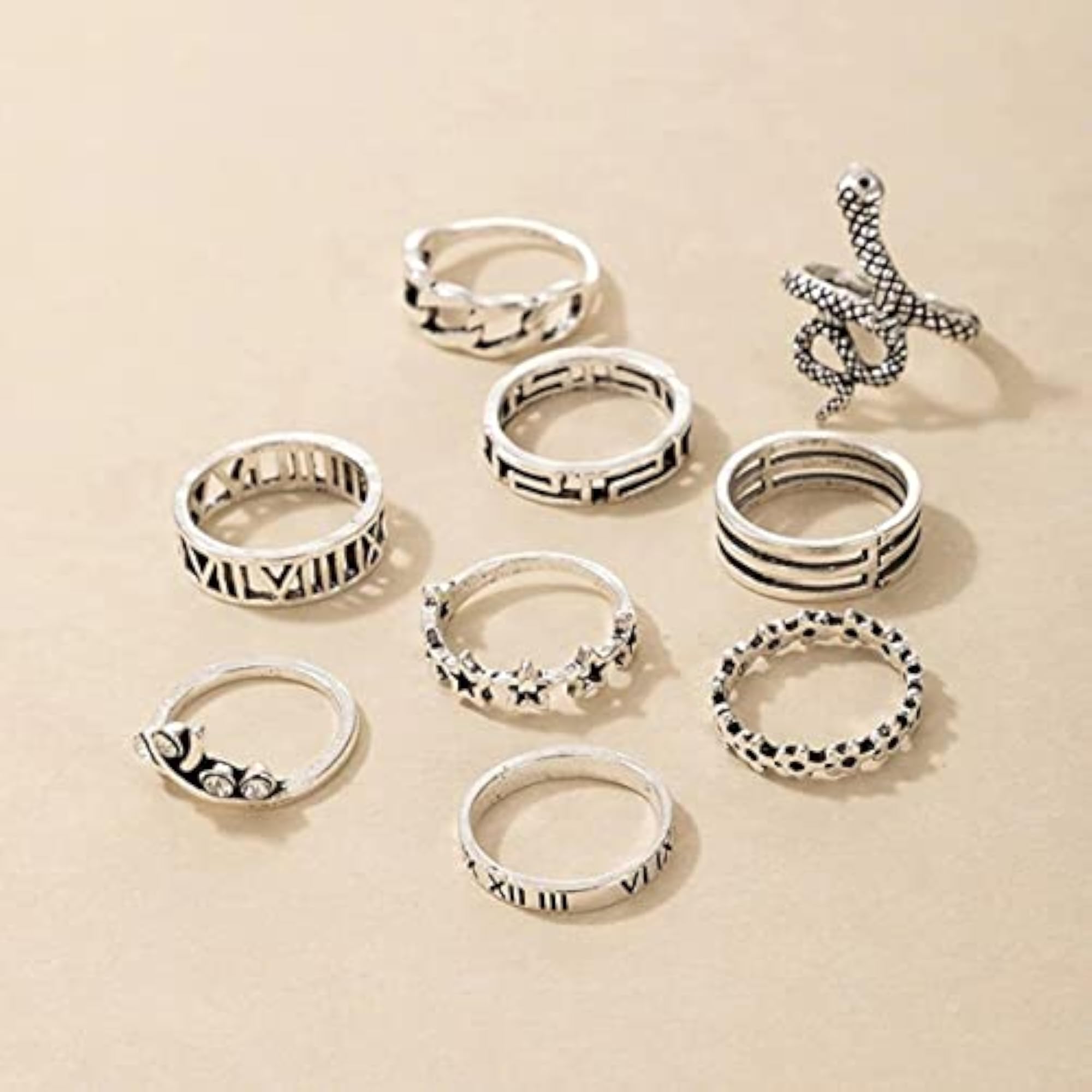 Silver Plated Snake Stackable Rings Set of 9
