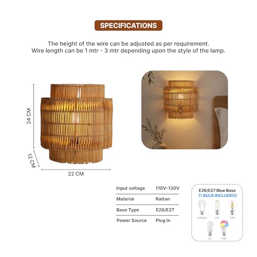 Image of Habere India-All the Cultures Fabricating India Cane Wall Lamp | Rattan Wall Light for Bedroom & Living Room | Decorative Wall Mount Lamp (L22 x W12 x H24 cm)