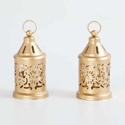 Image of Hanging Metal Candle & Tealight Holder Lantern Set with LED Candle - Vintage Golden Decorative Lanterns for Home, Living Room, Dining Table, Balcony, Garden, Festival & Gift (Pack of 2)