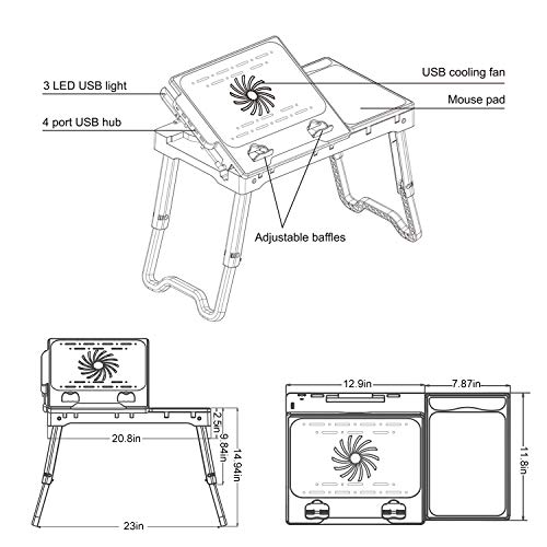 Teqhome Laptop Desk For Bed, Adjustable Laptop Bed Table With Fan, Portable Lap Desk With Foldable Legs, Laptop Stand For Couch Sofa Bed Tray With Led Light, 4 Usb Ports, Storage, Mouse Pad #TOP5