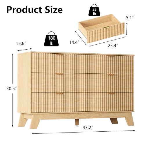 Image of Dresser 6 Drawer Dresser for Bedroom, 47''W Fluted Wooden Dresser Storage Cabinet and Chest of Drawers with Metal Handle, Storage Organizer for Living Room, Hallway, Entryway, Nature Oak