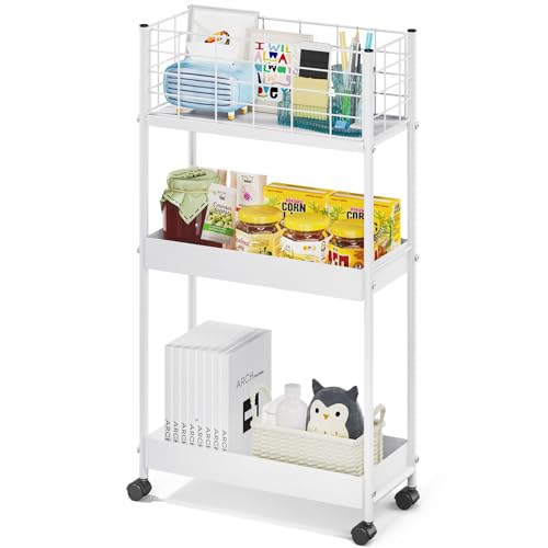 KINGRACK 3-Tier Rolling Utility Cart with Wheels, Metal Slim Storage