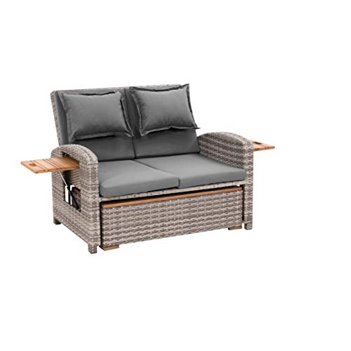 Greemotion Rattan-Lounge Bahia Tobago, Gartensofa mit Bettfunktion, inkl. Hocker, Grau, Holzfarben