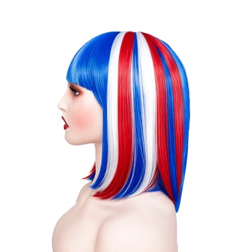 Image of Rose bud Blue Red White Bob Wig with Fringe 12 Inch Short Straight Colorful Costume Wigs for Women Cosplay Party Halloween