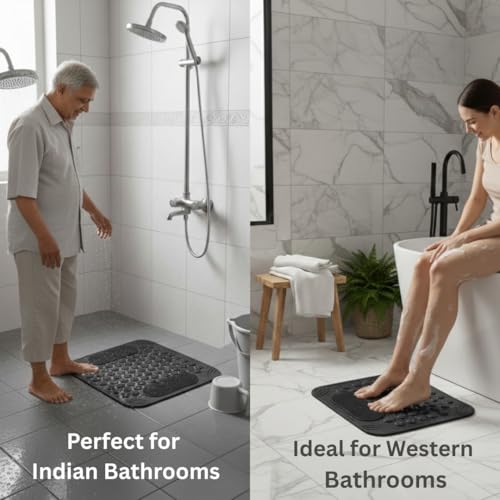 Image of Charge -X Anti Slip Bath Mat with Foot Scrubber for Bathroom | 2-in-1 Silicone Shower Mat with Suction Cups & Drainage Holes | Deep Cleaning Foot Scrubber Massage Mat (70 x 35 cm) Black