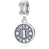 Lucky Penny 1 Dollar Dangle Charms, 925 Sterling Silver Fortune Money Coin with Four Leaf Clover Pen