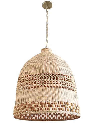 Image of 24 inch Handwoven Rattan Pendant Light - Modern Bohemian Style with Wooden Bead Accents, Perfect for Living Room, Dining Room, Bedroom, and Home Decor (3-Light)