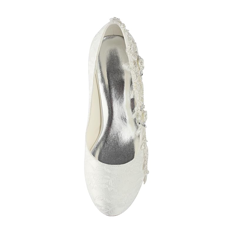 Dress First Wedding Shoes for Bride Wedding Heels Bridal Shoes Satin High Heel Block Heel Closed Toe Crystal Lace Elegant, Ivory, 2.56"2