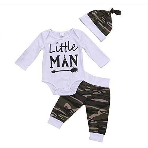 Baby Boy Clothes Newborn Infant Ontfits Long Sleeve Romper Bodysuit + Pants + Hat 3PCS Outfit Set (White, 9-12 Months)