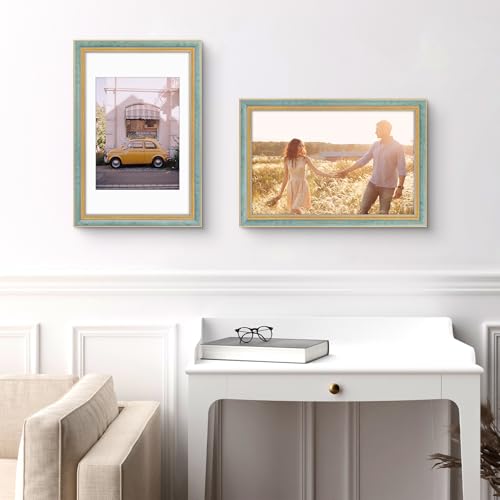 Image of Golden State Art,11x17 Ornate Picture Frame Holds 9x12 Photo,Blue Gold | Includes real glass front,white mat,build-in hangers and buttons.Displays 9x12 photo on wall