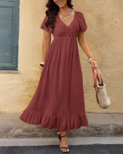 Image of BTFBM Womens Summer Dresses 2026 Casual Short Sleeve V Neck Drawstring Wedding Guest Maxi Dresses Boho Beach Long Dress