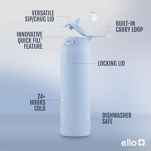 Image of Ello Pop & Fill Insulated Stainless Steel Water Bottle with Quick Fill Lid, Leakproof Locking, Sip or Chug Spout, BPA-Free, Double Wall Vacuum Insulated for Sports, Travel & School- 22oz / 32oz / 40oz
