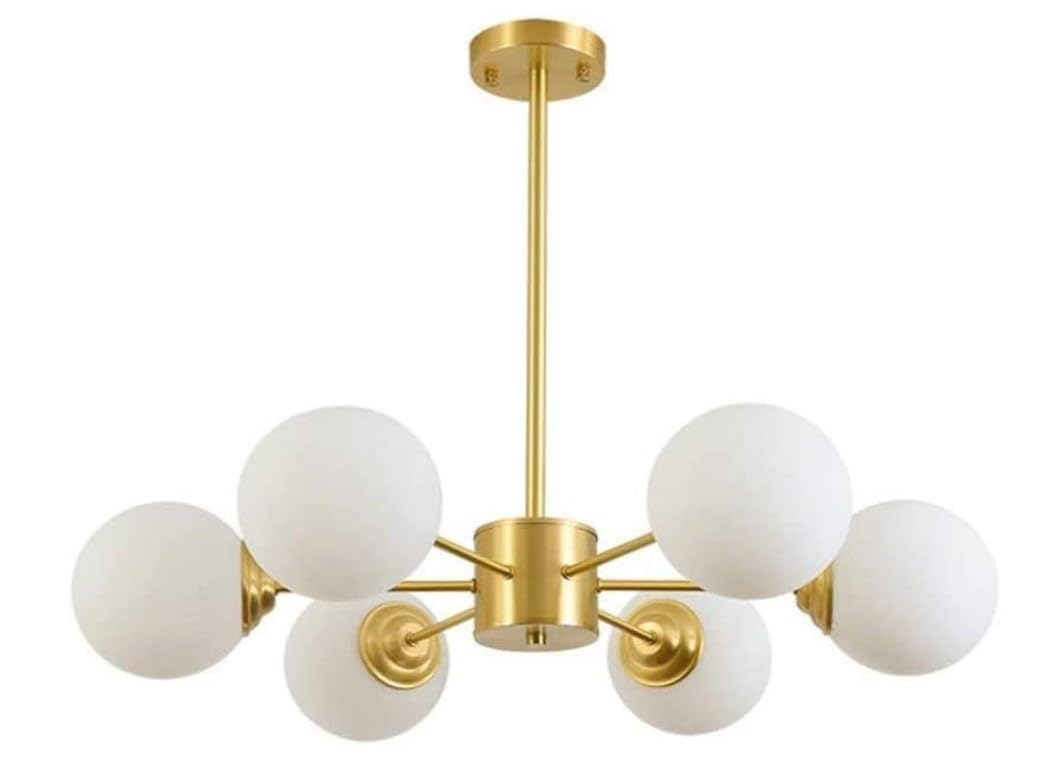 THE BATH PLUS TB+ Modern Gold Chandelier Frosted White Globe Shade E27 Metal Ceiling Light 72cm Semi Flush Mount