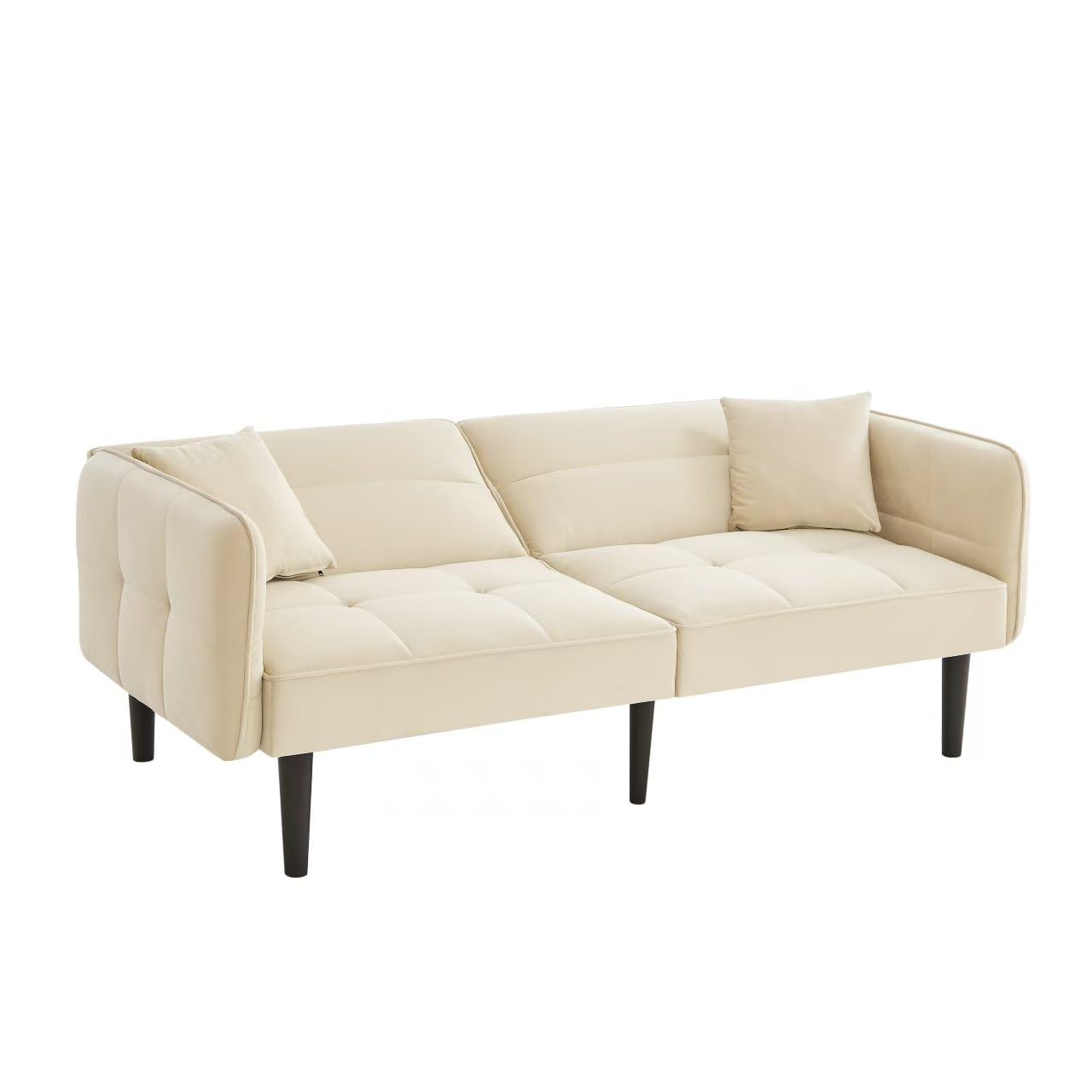 Azkoeesy Divano Letto 2 Posti in Velluto 176 cm, Schienale e Braccioli Regolabili, Piedi in Legno Massello, 2 Cuscini Inclusi, per Soggiorno e Ufficio (beige)