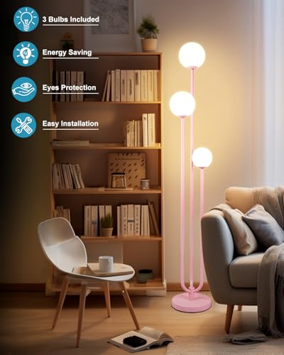 Image of 63IN 3-Light Dimmable Pink Floor Lamp, Unique Tall Standing Lamps with 3000K G9 Bulbs for Reading, Mid Century Modern Floor Lamp with 5Lbs Heavy Base for Living Room Bedroom Office