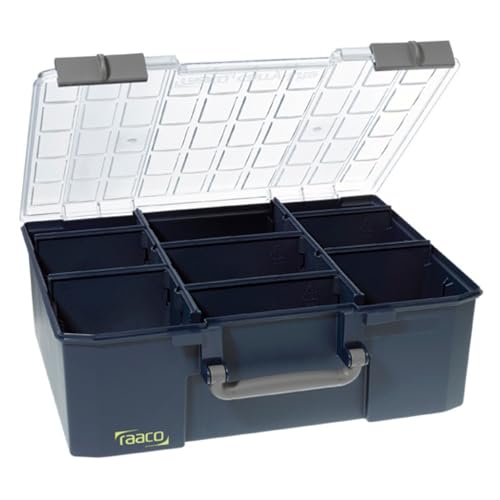 raaco CarryLite 150-9: Leicht Sortierbox für Werkstatt, mit 8 Herausnehmbare Trennwände für Kleinteile, Traglast 20 kg, Sichere Aufbewahrung, Transparenter Deckel, 33 x 41.3 x 14.7 cm