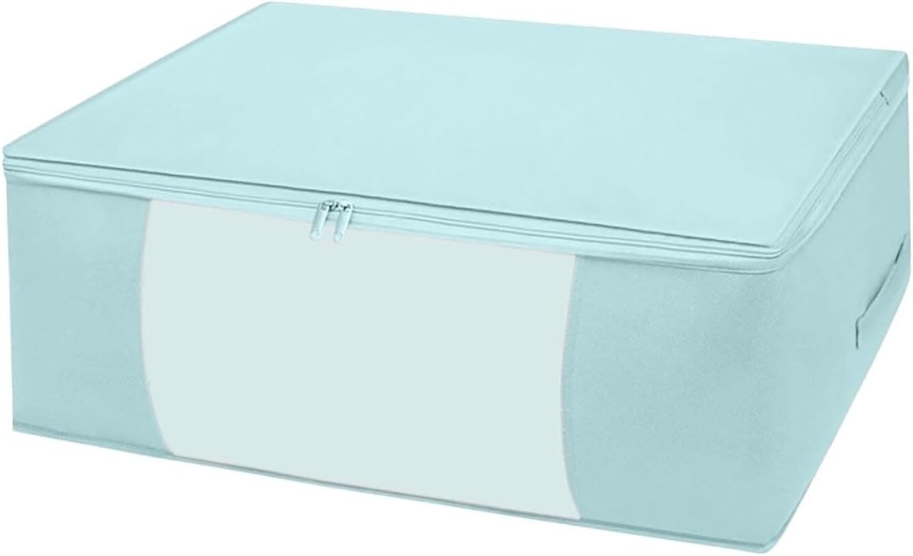 Storage Bins Comforter Storage Bag with Clear Window&Handle Clothing Closet Organizer Box for Blanket Storage Container(Blue,63 * 43 * 21cm)