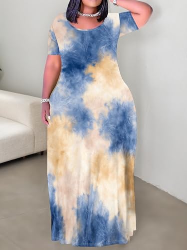 Image of PinkPatty Plus Size Dress for Women Casual Crew Neck Short Sleeve Maxi Dress Oversized Summer Beach Dresses with Pockets