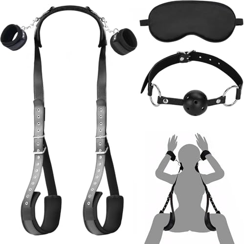 Sexyhot SMグッズ SM拘束具 手枷 足枷 M字開脚具 口枷 拘束ベルト M字開脚枷 アイマスク 調節可能 ふわふわ 男女兼用 3点セット - 画像1