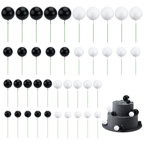 Bekecidi 40 Pezzi Decorazioni per Torte a Forma di Palla - 4 Misure per Feste, Compleanno e Cupcake - Nero+Bianco