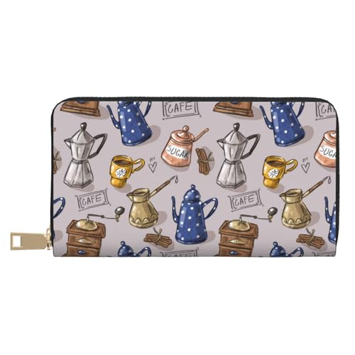 VOSERY Carteras delgadas de cuero para mujeres y hombres, cartera vintage para tetera y molinillo de café, cartera de mano para mujeres y hombres con cremallera