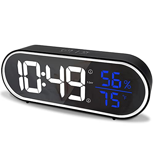 Digital Alarm Clock for Bedroom - Dual Alarm Clock Radio with LED Time Thermometer and Hygrometer, Easy to Read Loud Alarm Clock for Bedroom, Study, Office(Black)