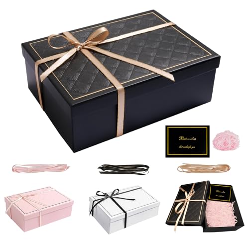 FICOFISE Caixa de presente, caixa de presente 25 x 18 x 8,5 cm dobrável, caixas para presentes com tampa para cartão, fita de réfia, para aniversários, festas dia dos namorados Natal (preto)