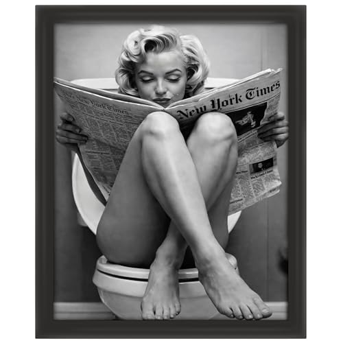 Posterizer - Vintage Hollywood Monroe Style Bathroom Poster – Classic Pin‑Up Reading Newspaper - 08x10 Unframed