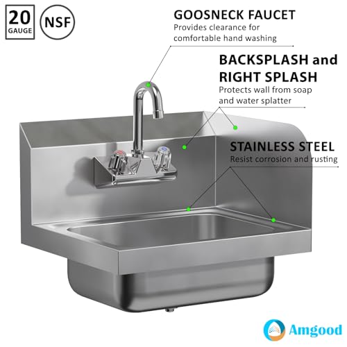 Image of Stainless Steel Wall Mounted Hand Sink 17 in. x 15 in. with Right Side Splash and Gooseneck Faucet