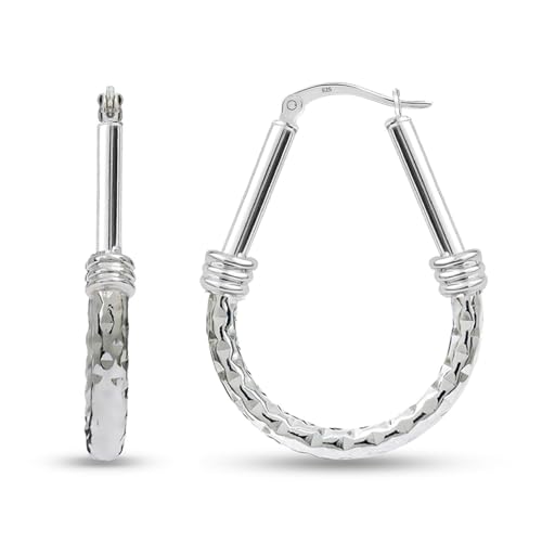 LeCalla 925 Sterling Silver Hoop Earrings | Italian Design Classic Diamond-Cut Textured Earring Hoops | Women's Drop Shape Oval Hoop Earring Jewelry for Women