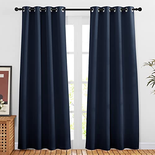 NICETOWN Navy Blue Blackout Window Curtains for Doorway - Privacy Window Treatment Energy Saving Thermal Insulated Room Darkening Grommet Panels for B