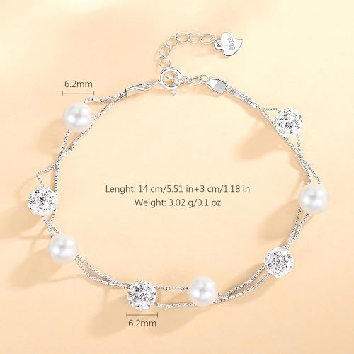 925 Sterling Silver Solid Slider Bead Bracelets for Women Cute Pearl Layered Bracelet Gold Plated Italian Mesh Friendship Link Chain Bracelet Jewelry Christmas Gifts for Mom Daughter4