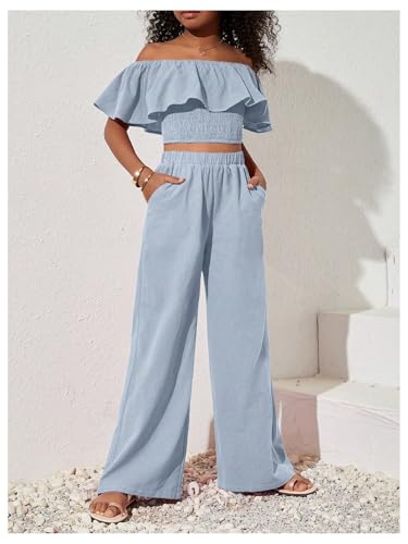 Girl's Off The Shoulder Tops Shirred Ruffle Short Sleeve Slim Fitted Crop Tops3