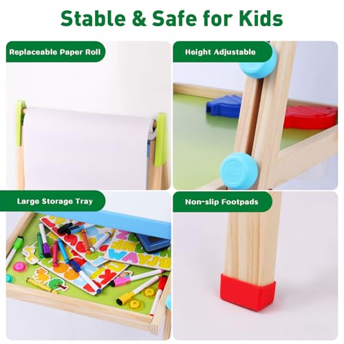Kinder Spiel-Tafel aus Holz,Doppelseitig Höhenverstellbares Mal-Whiteboard und Staffelei mit Reichhaltigem Zubehör,Geschenk für Kleinkinder,Mädchen und Jungen im Alter von 3,4,8,9 und12 Jahren