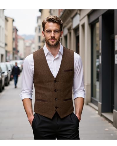 Tuikayoo Mens Tweed Vest Herringbone Wool Retro Suit Waistcoats Vintage Retro Slim Fit4