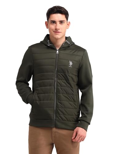 Image of U.S. Polo Assn. Denim Co. Men's Green Solid Hooded Long Sleeve Casual Polyester Regular Fit Quilted Jacket
