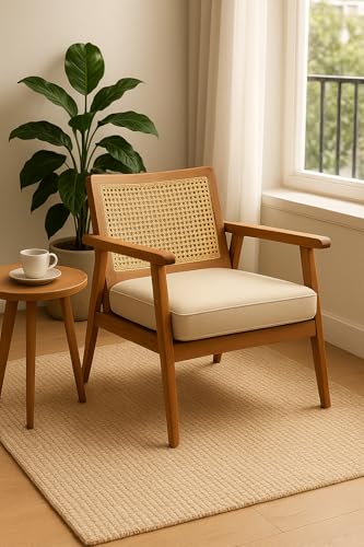 Image of Solid Wood Cane Lounge Chair | Handcrafted Wooden Armchair with Cushioned Seat | Premium Mid-Century Modern Accent Chair for Living Room, Balcony & Bedroom Honey Finish