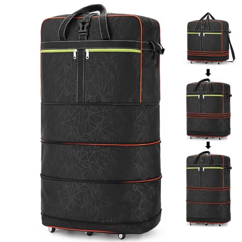 Foldable Duffel Bag,Large Expandable Rolling Travel Duffle Bag with Wheels Waterproof Collapsible Luggage Carry on Duffel Bag with Wheels and Handle-Black