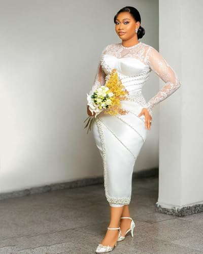 Civil Long Sleeve Wedding Dresses for Women BrideTea Length ASO EBI Africa Bridal Gowns4