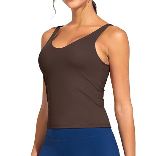 THE GYM PEOPLE Women's Longline Sports Bra Wirefree Padded Workout Yoga Tank Top Brown Large